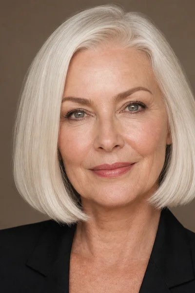White blonde bob with blunt ends for gray hair over 50 — graphic cut on very light gray or white hair