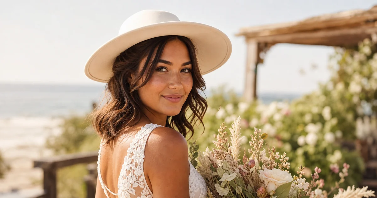 Loose waves with wide-brimmed wedding hat — beach boho bride accessory