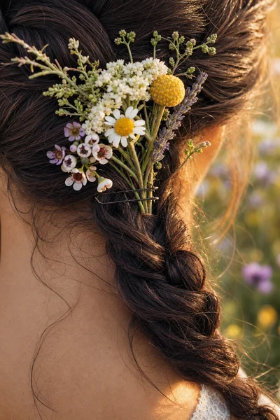 16 Rustic Wedding Hairstyles for Every Hair Length 19 Close-up detail of wildflowers and greenery pinned into braided hairstyle base with visible technique