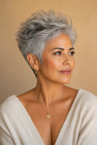 12 Short Gray Pixie Cuts for Women Over 50 5 Wispy gray pixie cut with crown volume for lifting round face shape