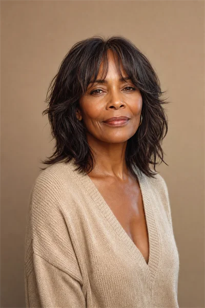 25 Flattering Short Layered Haircuts for Women Over 50 20 wispy shag with curtain bangs on mature Black woman over 50