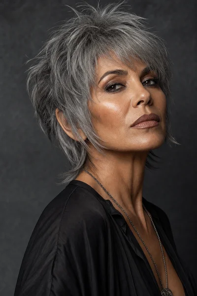 Wolf-inspired gray crop with short choppy layers and textured perimeter