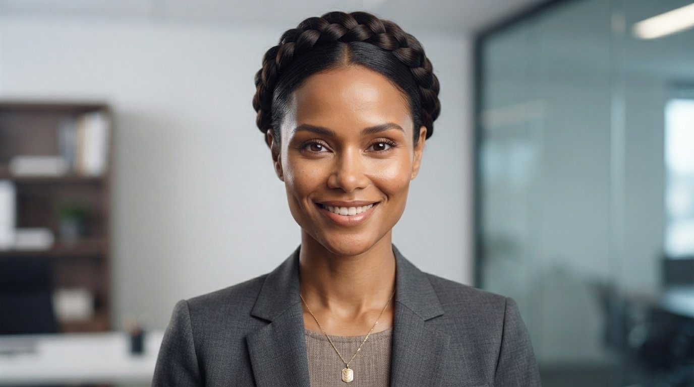 Work-ready halo braid styled sleek and tight to the scalp for professional settings