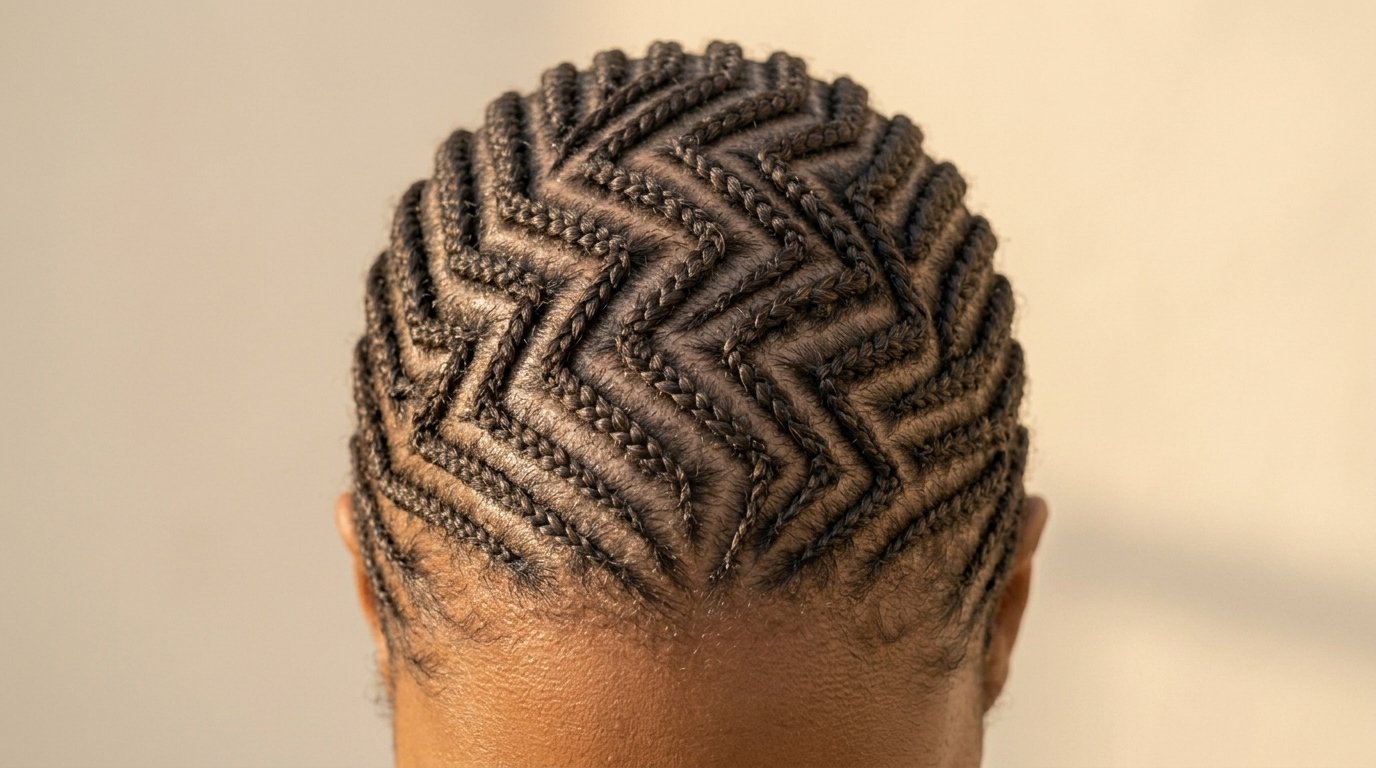 22 Cornrow Hairstyles That Are Protective and Stylish 9 Zig-zag cornrow braids with angular parting pattern creating visual movement.
