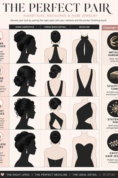 Prom updo and dress neckline pairing guide — shows which accessories and necklines complement each updo style