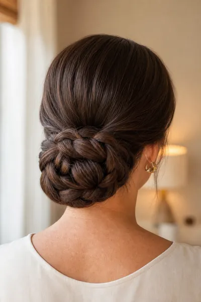 Braided bun — finished low bun with woven braid detail from back angle