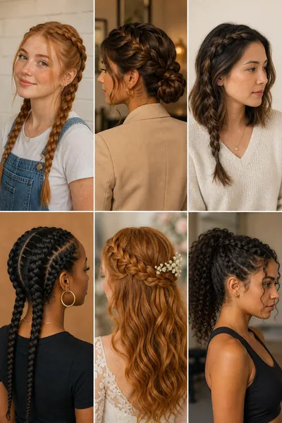 Gallery grid of six braid hairstyles showing French braid pigtails, French braid low bun, single side French braid, double Dutch braids, Dutch braid crown, and Dutch braid ponytail on diverse women with various hair types