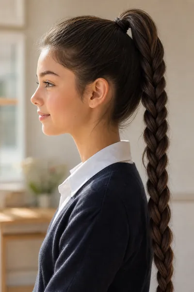 Braided ponytail — three-strand braid in ponytail from side view on long straight hair