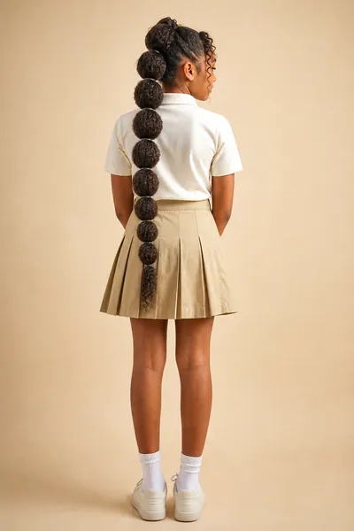 Bubble braid — finished style with puffed sections on naturally curly hair, back view