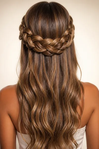 cascading braided crown prom updo on long hair — detailed braid hairstyle