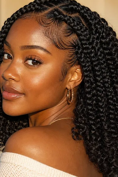 20 Goddess Braids That Make a Statement 4 classic goddess braids with curly ends on medium-length dark hair, straight back parting