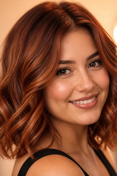 Copper hair color on wavy hair — warm fall hair color option