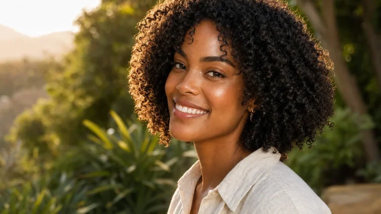 Summer curly hairstyles with defined curls for humid weather, photographed outdoors in golden-hour light
