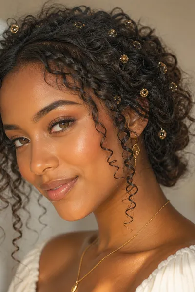 curly updo with side braid accent prom hairstyle — natural curly hair updo