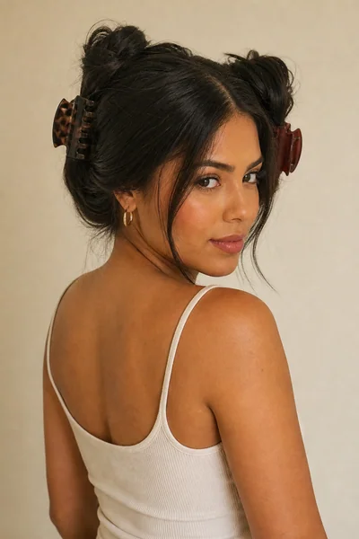 10 Trending Claw Clip Hairstyles Going Viral Right Now 9 Woman with thick hair styled in a double-clip layered updo