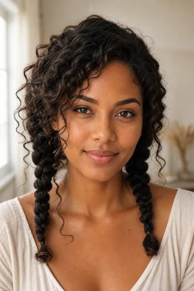 Double pigtail braids — modern grown-up styling on curly natural hair with side part
