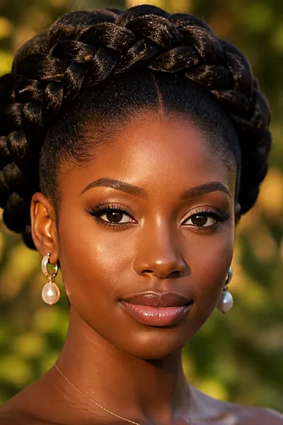 Dramatic braided crown with added height — volumetric halo braid for round and oval prom looks
