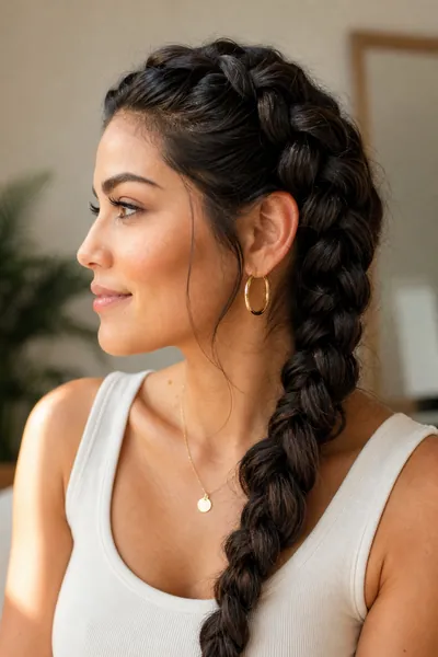 Dutch braid hairstyle — finished raised braid from side profile on thick wavy hair