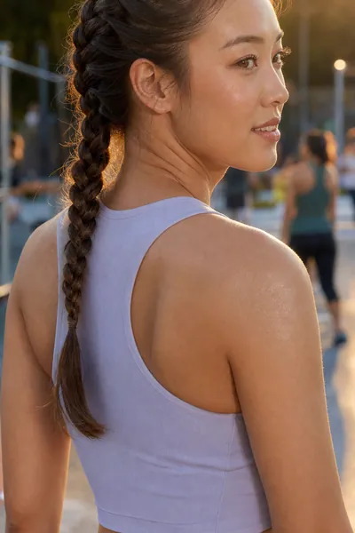 Woman with Dutch braid hairstyle wearing athletic wear during a workout, showing secure hold and raised braid structure for active days