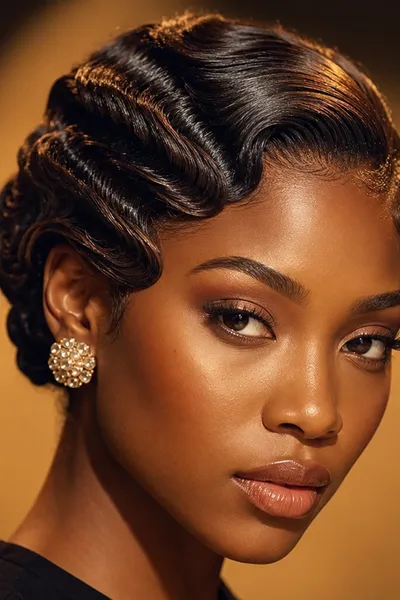 Editorial finger-wave updo — vintage-modern prom hairstyle with deep sculpted waves