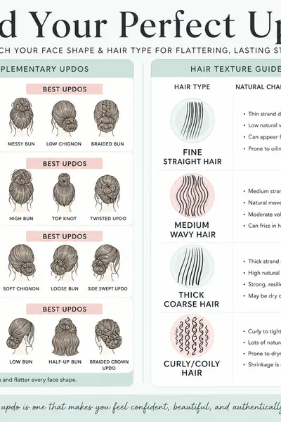 Prom updo guide showing which hairstyles flatter different face shapes and hair types
