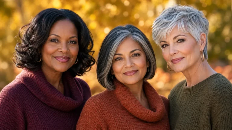 diverse women over 50 wearing fall hairstyle updates — curly, straight, and pixie cuts with gray and colored tones