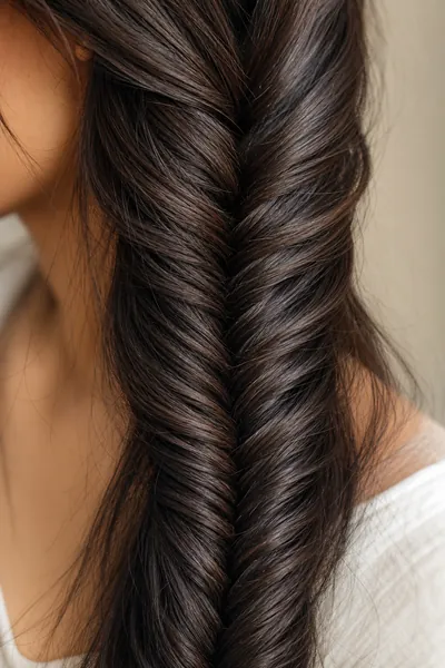 Fishtail braid detail — close-up texture of finished fishtail weave on straight hair