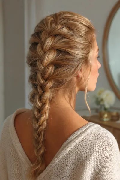 French braid tutorial — finished braid viewed from back and side on blonde hair