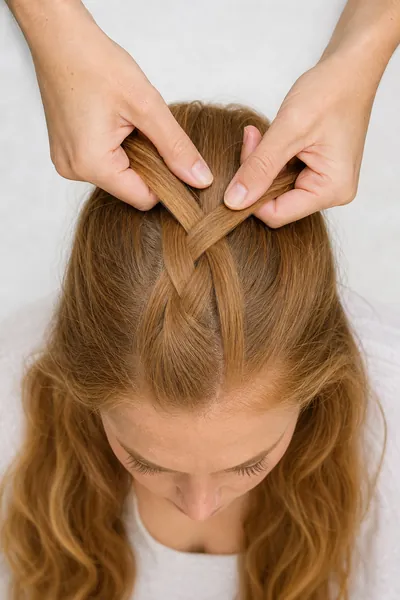 Instructional overhead view of hands performing French braid technique with strands crossing over the middle on long straight hair