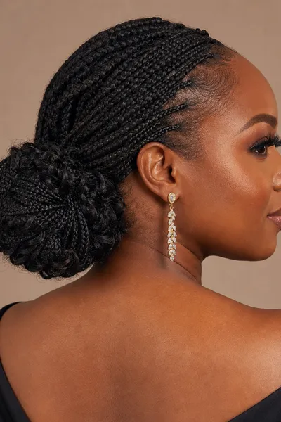 20 Goddess Braids That Make a Statement 17 goddess braids styled into a low updo bun with gathered braids and tucked curly ends