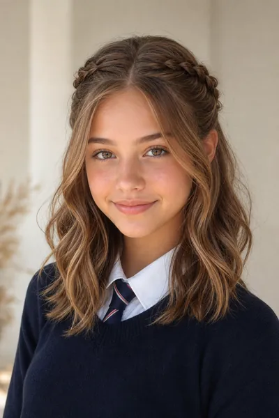 Half-up braided crown hairstyle — young girl wearing face-framing braid crown in morning light