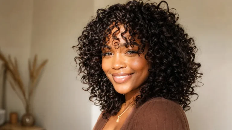 One of 10 trending curly hairstyles: a curly shag haircut with face-framing layers on natural 3B curls