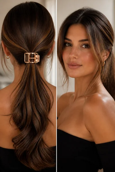 10 Trending Claw Clip Hairstyles Going Viral Right Now 4 Long hair low claw clip ponytail — sleek polished style shown front and back