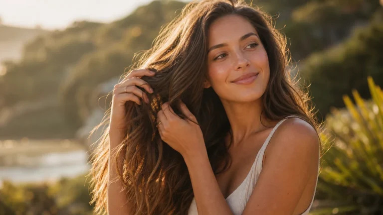 Woman styling one of 25 summer long hairstyles, running her hands through wavy hair in golden-hour light outdoors