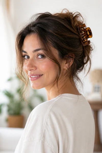 10 Trending Claw Clip Hairstyles Going Viral Right Now 8 Woman styled in a messy bun with a claw clip