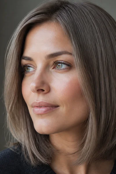 Mushroom brown taupe neutral ash color on fine straight hair — trendy cool-neutral shade