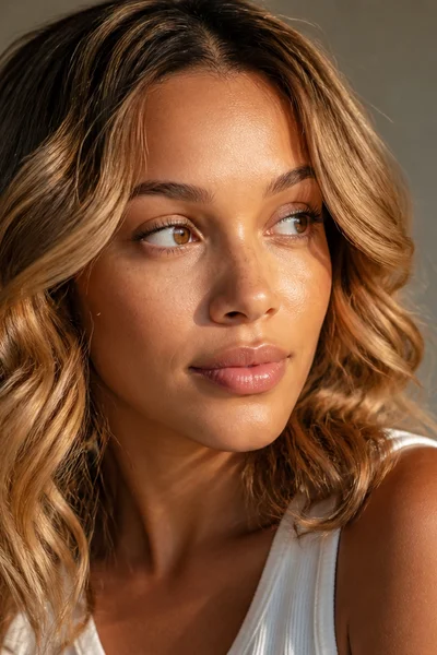 Neutral honey brown on wavy hair — balanced warm-cool color for textured hair