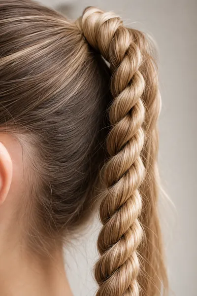 Rope braid texture — close-up detail of twisted rope braid in ponytail on fine hair