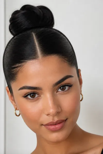 Sculptural high bun with sharp center part — sleek, geometric prom updo for oval and round faces