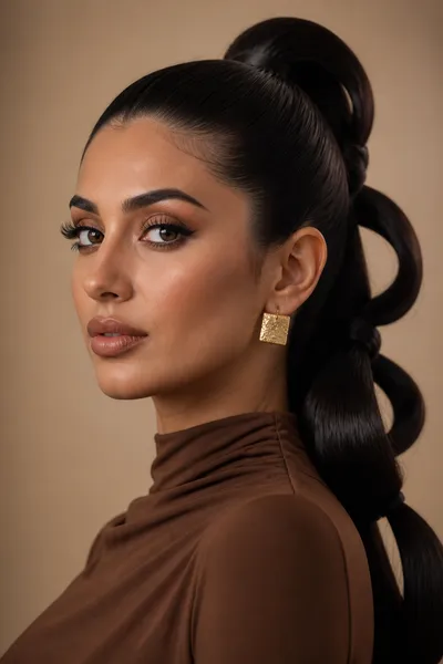 Sharp ponytail with sculptural loops — geometric, architectural prom updo for oval and round faces