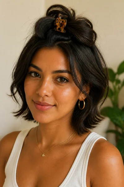 10 Trending Claw Clip Hairstyles Going Viral Right Now 7 Short hair folded-over claw clip style — textured layered look with volume
