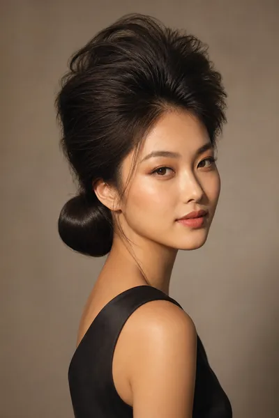 Sleek low bun with exaggerated crown volume — high-contrast prom updo balancing polish and drama