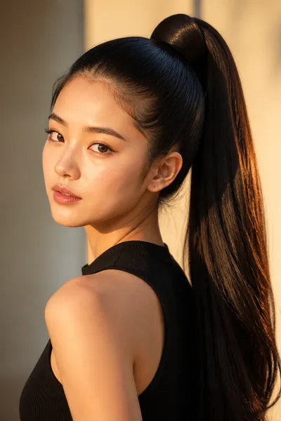 Sleek architectural ponytail with wrapped base — polished, minimalist prom updo for oval and long faces