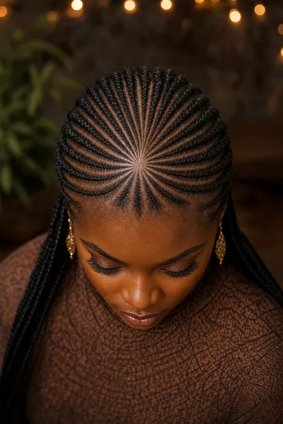 16 Boho Festival Braids for Concert Season 10 sunburst cornrows fanned from center part — protective festival braid style