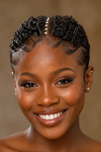 textured pixie updo with decorative pins on short natural hair — short coily hair updo