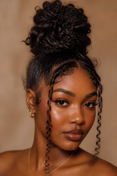 Textured top knot with face-framing points — modern, editorial prom updo for square and round faces