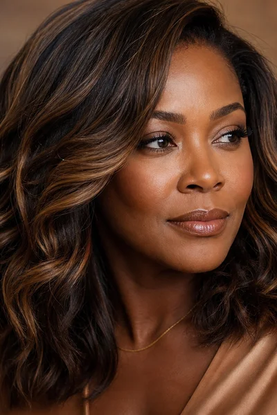 Toffee balayage warm caramel on thick wavy hair — dimensional low-maintenance color