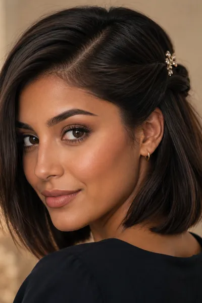 twisted bob updo with deep side part on short hair — short bob updo style