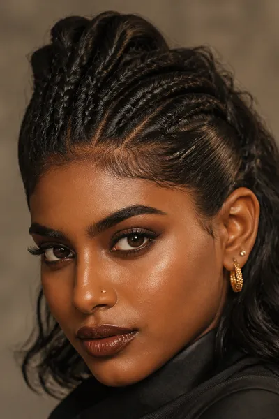 Twisted faux hawk updo with raised center ridge — bold, edgy prom hairstyle for square and heart-shaped faces