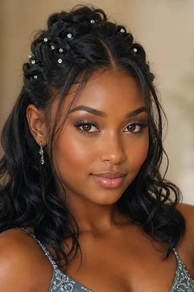 twisted half-up bun prom updo with rhinestone pins — half-up hairstyle for prom